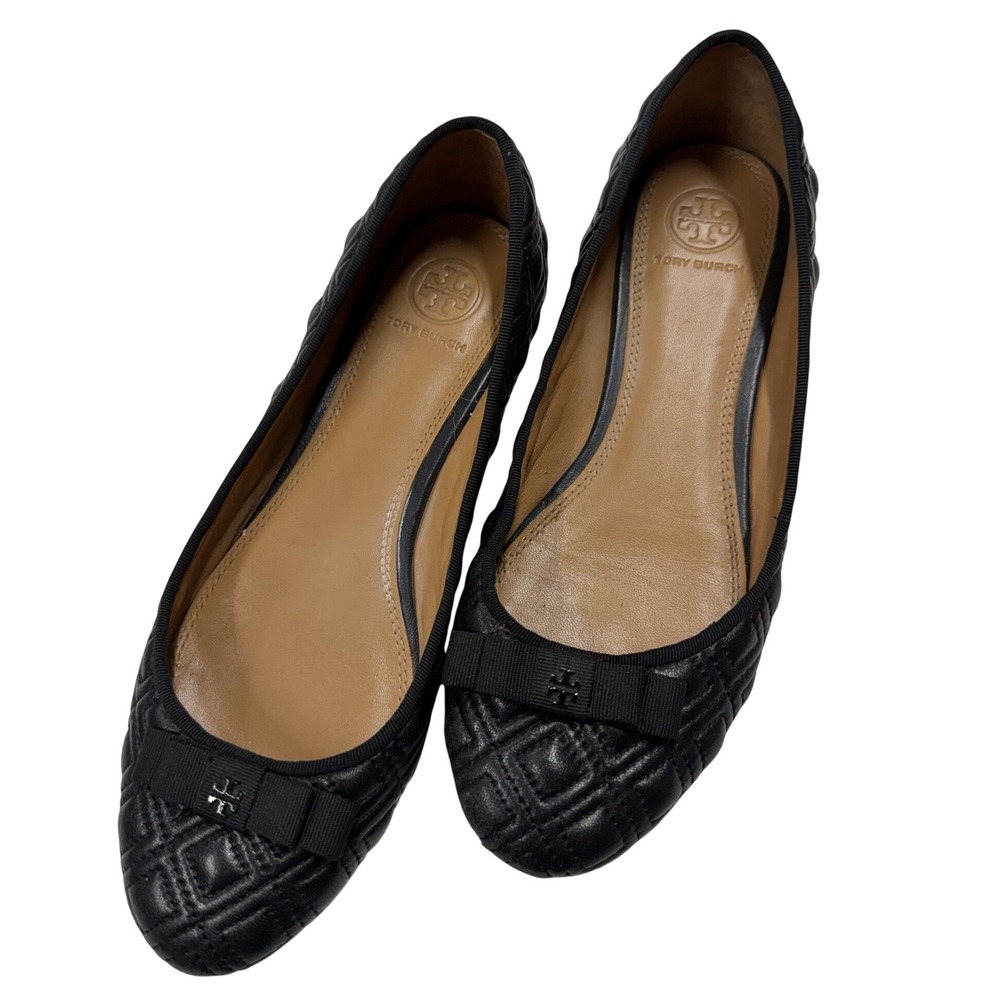 Tory Burch Liana Quilted Black Leather Ballet Flats Bow Logo Size 6.5M